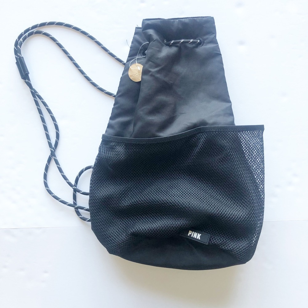 Victorias Secret PINK Black Drawstring Backpack Mesh Pocket Recycled Bucket Bag